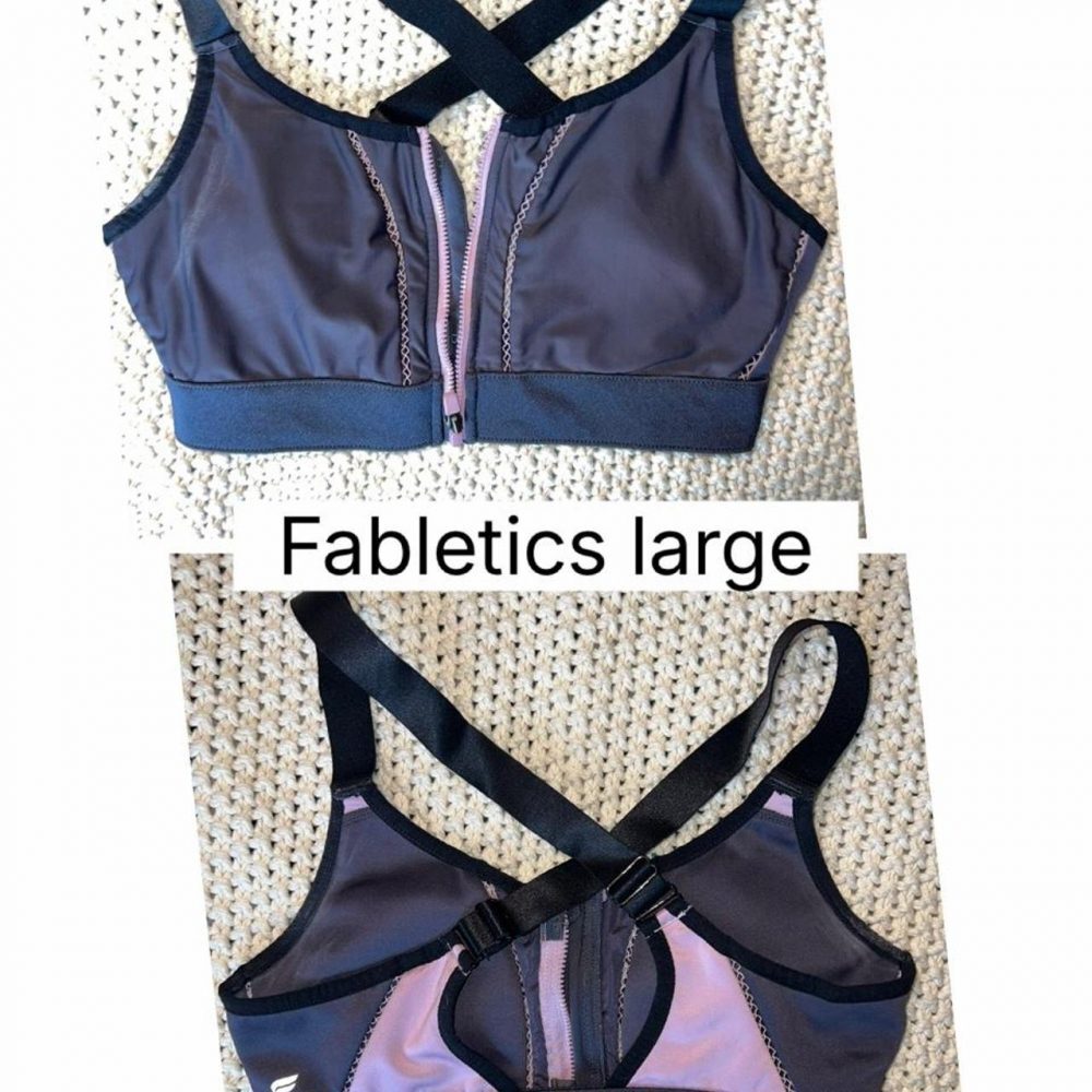 Fabletics Front Zip High-Impact Sports Bra – Large – Gray/Pink